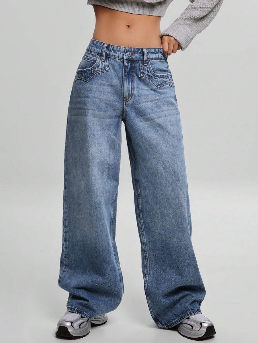 EURMUSE WOMEN WID ELEG LOW WAIST JEANS - Medium Wash - View 1