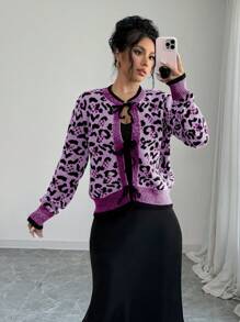 SHEIN Unity Cárdigan con estampado de leopardo y lazo frontal para mujer - Morado - Ver 6