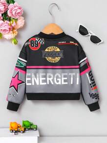 SHEIN 年轻女孩时尚拼色字母印花短款宽松拉链立领休闲夹克，适合秋季 - 黑色 - 查看 2