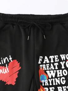 ROMWE MEN Street Life 男式标语印花抽绳腰喇叭运动裤 - 黑色 - 查看 3