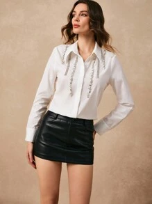 Poéselle White Long-Sleeved Shirt,New Years Women Shirt,Long Sleeve Women Tops,Women Tops,Going Out Tops,New Years Eve ,Women's Rhinestone Decor Long Sleeve Single-Breasted Elegant Shirt,Suitable For Everyday, Commuting, Party,Going Out On The Street, Dating And Other Occasions