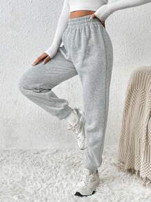 SHEIN PETITE CURVE Plus Size Women Solid Color Elastic Waist Drawstring Casual Sweatpants - Light Grey - View 6