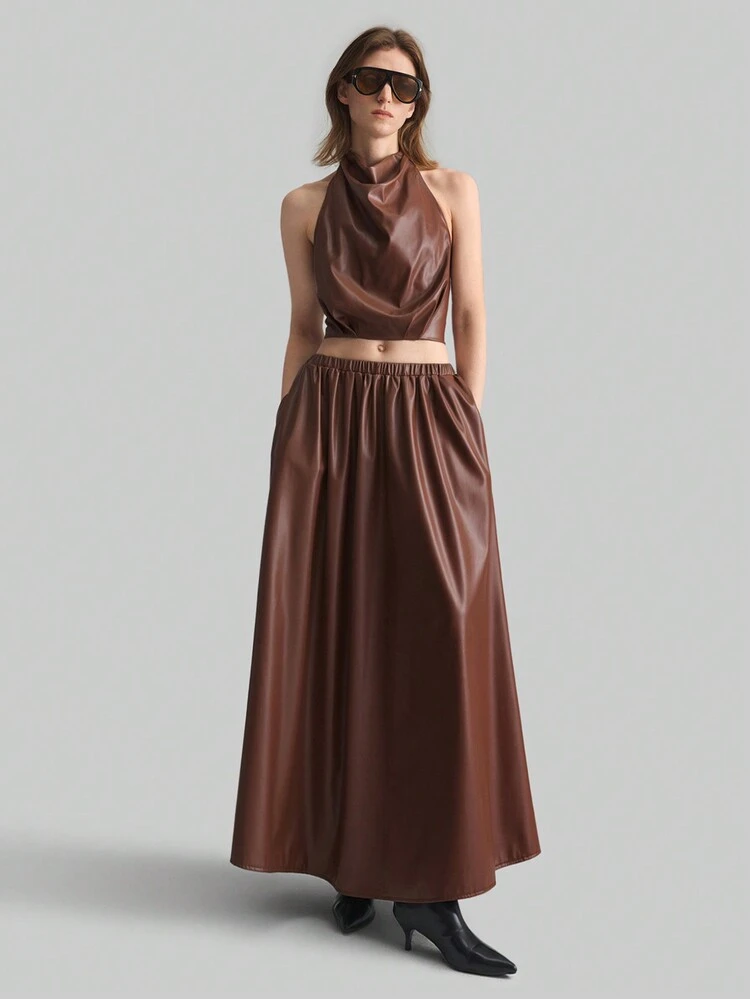 2pcs/Set Women's Spring & Valentine's Day Outfits, Sleeveless Scoop Neck PU Material Crop Top And Skirt Set, Coffee Color