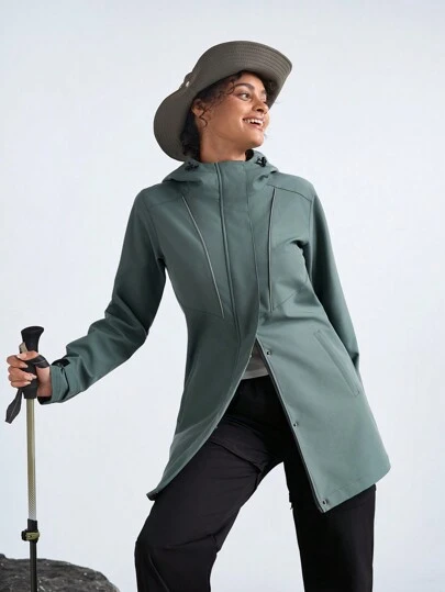 In My Nature Dames effen kleur voorkant knoop lange mouw zak eenvoudige casual capuchon outdoor jas