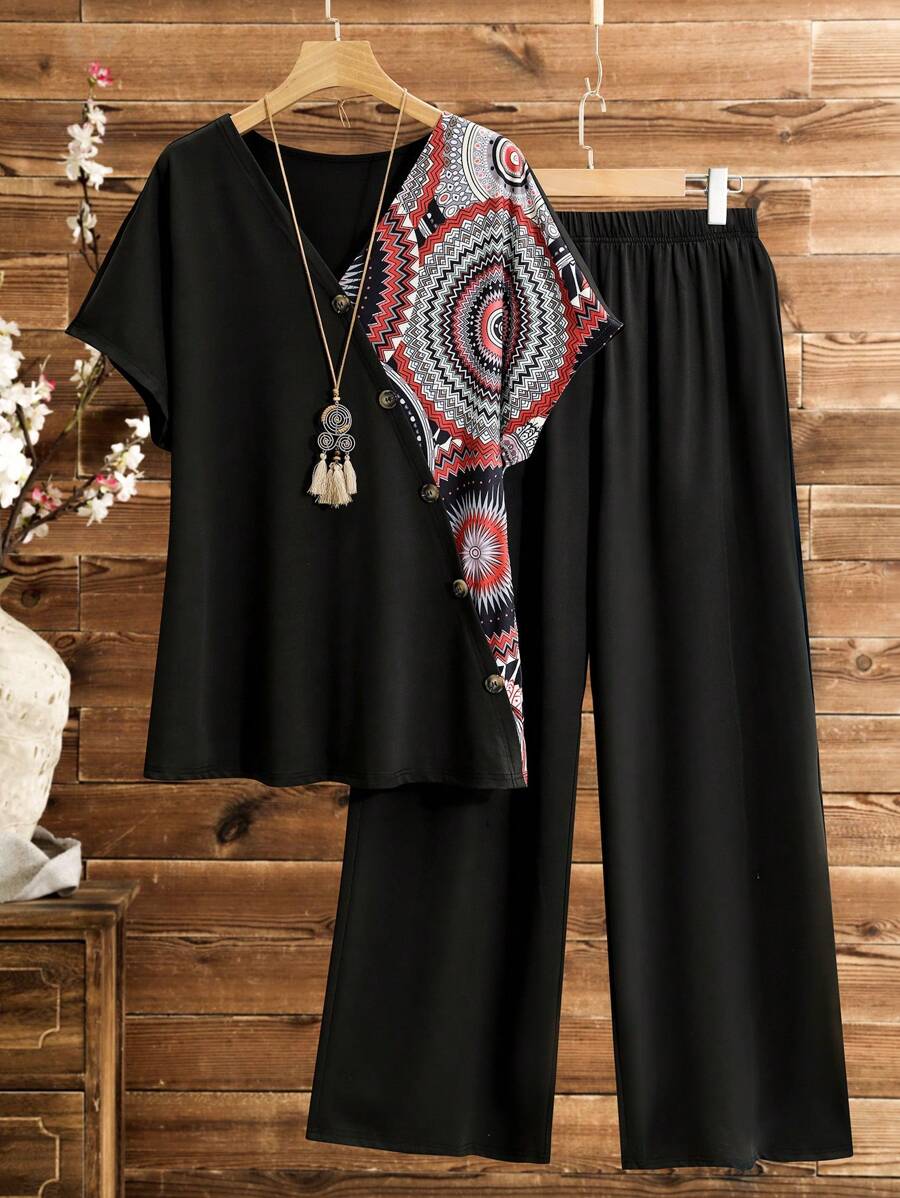 Lacomfia 2pcs/Set Women Plus Size Geometric Print V-Neck Short Sleeve Top And Pants Set