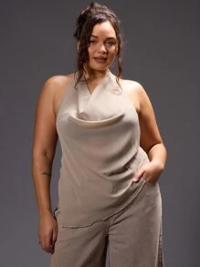 MUSERA Blusa con cuello halter y drapeado para talla grande, sexy, para salir, vacaciones, descanso, rave, concierto, festival en otoño e invierno