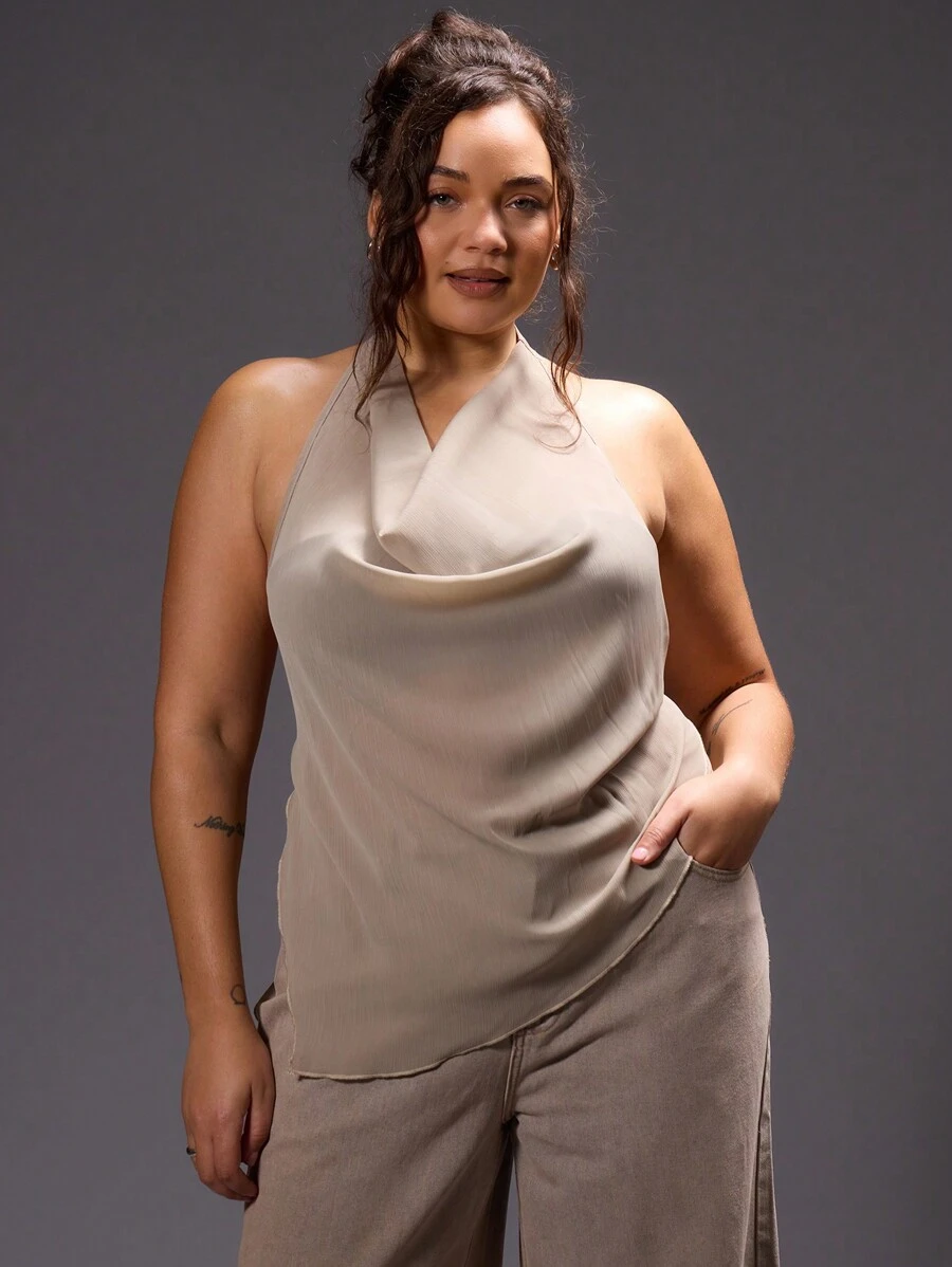 MUSERA Blusa con cuello halter y drapeado para talla grande, sexy, para salir, vacaciones, descanso, rave, concierto, festival en otoño e invierno