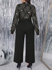 Allurite Plus Size Women Foil Striped V-Neck Lantern Sleeve Wide Leg Elegant Jumpsuit
