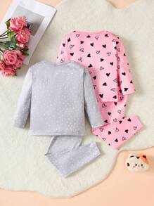 SHEIN 女婴情人节可爱卡通字母与心形图案圆领落肩长袖上衣和裤子 4 件套舒适柔软睡衣套装 - 粉色 - 查看 2