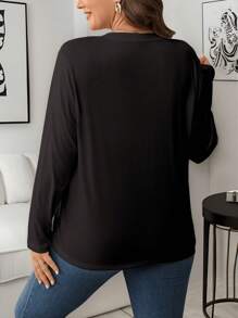 SHEIN LUNE Camiseta de manga larga de cuello redondo de unicolor básica para tallas grandes para atuendo primaveral
