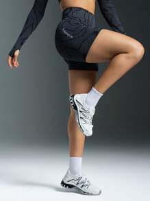 Powerista Women High Waist Graphic Detail Seamless Sports Shorts For Daily Fitness & Running & Gym Biker Shorts - Black - View 3