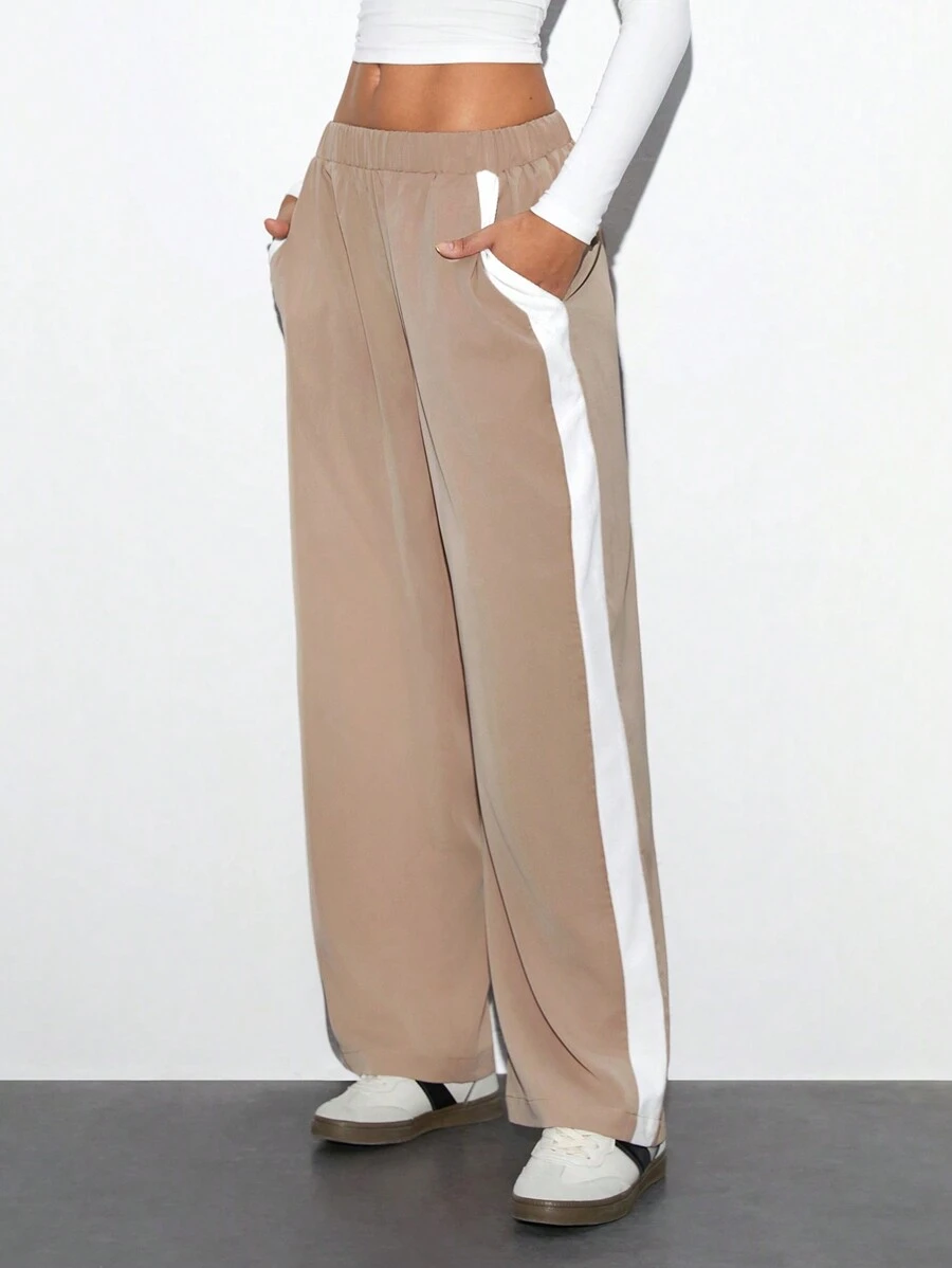 TRNVIE 1 件女士休闲卡其色撞色拼接直筒裤，百搭百搭运动装，适合秋冬季