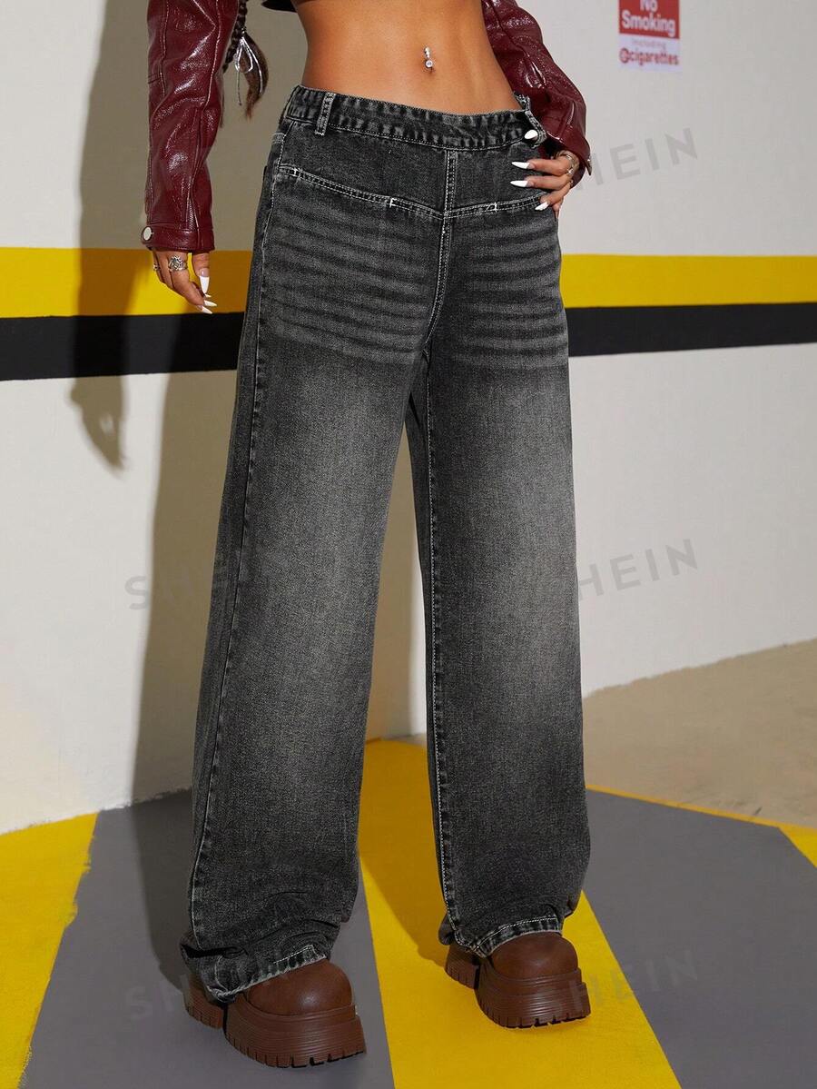 SHEIN ICON Pantalones rectos de mujer en denim desteñido con estampado moteado de bigotes de gato