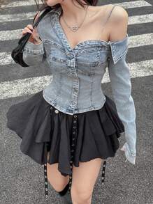 K-Vae ICON Pure Sweet Girl 女士牛仔外套，性感修身弹力款，露肩设计，长袖衬衫，秋季女装外套，演唱会女装，喇叭袖上衣，派对女装外套，水钻外套，街头风女装，锐舞节服装，秋季外套，抹胸外套，女士衬衫式上衣，秋季女装衬衫，不对称外套，蓝色