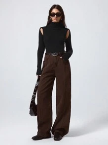 LYSMO 女士纯色高领长袖简约休闲上衣，日常穿着 - 黑色 - 查看 4