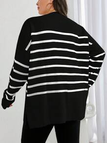 EURMUSE Suéter talla grande con hombros caídos y patrón de rayas - Blanco y Negro - Ver 2