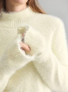 Ontre 棕色高领喇叭袖修身针织毛衣 - 杏色 - 查看 4