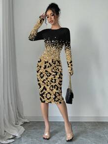 SHEIN Clasi 女款金箔豹纹渐变印花圆领长袖中长修身连衣裙 - 黑色和金色 - 查看 6