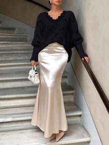 EURMUSE Jersey de punto calado con mangas dolman y encaje de pestañas en contraste - Negro - Ver 4