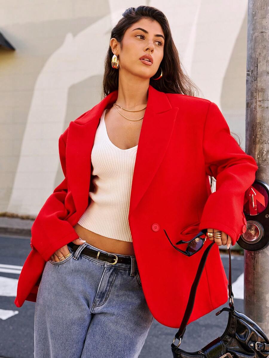 Forever 21 女士秋冬领口红色长袖外套，保暖高街时尚西装外套 - 紅色 - 查看 1