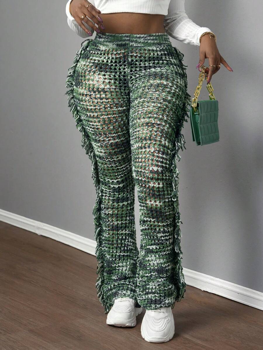 Slaydiva 2024 新款秋冬女士宽松喇叭长款针织流苏裤，休闲街头时尚 - 綠色 - 查看 1
