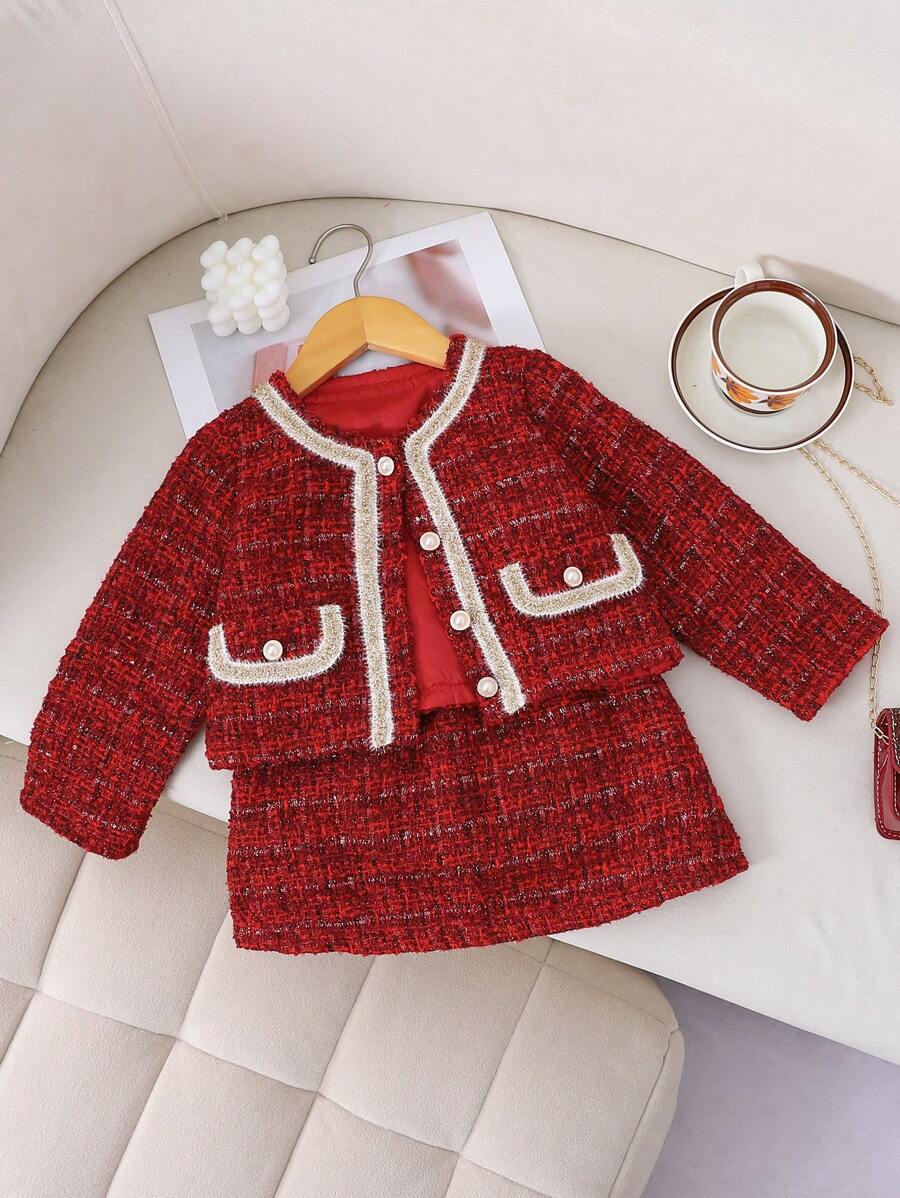 2pcs Set: Young Girl Contrast Trim Button Front Long Sleeve Pocket Top And A-Line Skirt - Multicolor - View 1