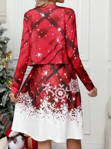 SHEIN LUNE 2pcs Christmas Set: Random Plaid & Snowflake Print Long Sleeve Cardigan Jacket And Spaghetti Strap Dress For Women Fall Cloth For Women - Red - View 2