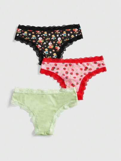Strawberry Print Contrast Lace Bow Detail Panties
