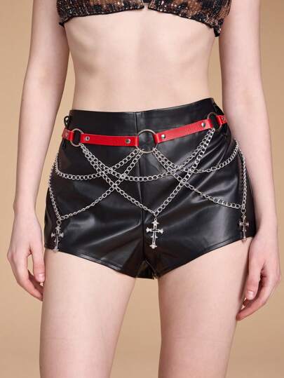 Goth 1pc Women's Red Three-Cross Chain Decor Punk Style Christmas Waist Chain Accessory, Versatile For Daily And Christmas Outfits