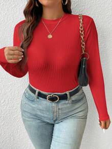 SHEIN Frenchy Plus Solid Ribbed Slim Fit Mock Neck Knit Tee - Red - View 6