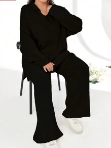 RueChic 2pcs/Set Solid Color Turn-Down Collar Sweater And Long Pants Outfit - Black - View 4