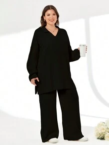 RueChic 2pcs/Set Solid Color Turn-Down Collar Sweater And Long Pants Outfit - Black - View 5