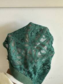 Seduluxe 2pcs Plus Size Wireless Contrast Lace Bra And Panty Set Lingerie - Dark Green - View 6