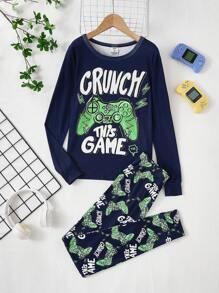 SHEIN Teen Boys' Snug Fit Video Game Graphic Print Long Sleeve Pajamas Set