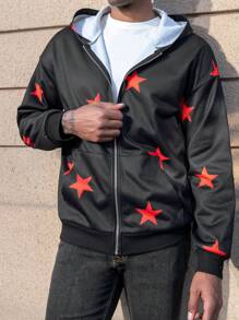 SHEIN Manfinity Dauomo 男士秋冬落肩长袖连帽卫衣配红色五角星拉链