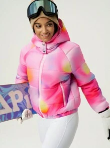 Women Tie-Dye Raglan Sleeve Zip Front Hooded Sports Jacket, Winter For Ski & Daily Wear - Pink - View 7