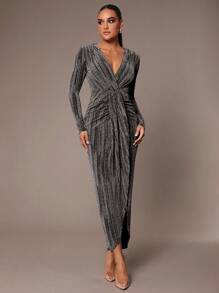 Silquee Women's Elegant And Gorgeous Party Women's Long Sleeve Suitable For Autumn And Winter Glitter Slim Fit V-Neck Shoulder Pad Dress Draped Design Halloween,Thanksgiving,Christmas,New Year Eve Outfit