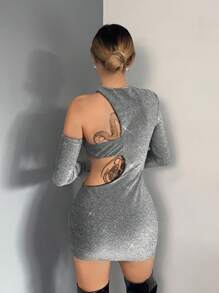 EgrlEra 女士性感镂空露背袖闪光复合紧身迷你连衣裙、派对装