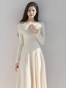 DAZY 纯色不对称领长袖A字优雅连衣裙，秋季连衣裙/长款连衣裙 - 白色 - 查看 7