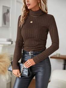 SHEIN Clasi 羊毛高领长袖修身纯色 T 恤，休闲时尚，适合日常穿着 - 摩卡棕 - 查看 6