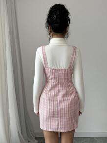 Chiquease Robe-salopette plaid rose élégante pour femmes, convenant pour la rentrée scolaire, les trajets, les fêtes, l'automne/hiver - Rose bonbon - Voir 2