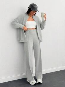 SHEIN Cottnline ZIP-UP LONG SLEEVE SWEATSHIRT & SWEATPANT CO-ORD - Grey - View 5