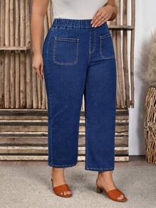 Plus Size Women Elastic Waist Double Pockets Straight Leg Casual Jeans - Dark Wash - View 5