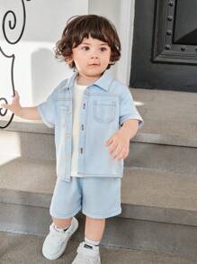 SHEIN 3 件套男婴纯色翻领短袖衬衫、松紧腰短裤、圆领 T 恤 - 藍白色 - 查看 6