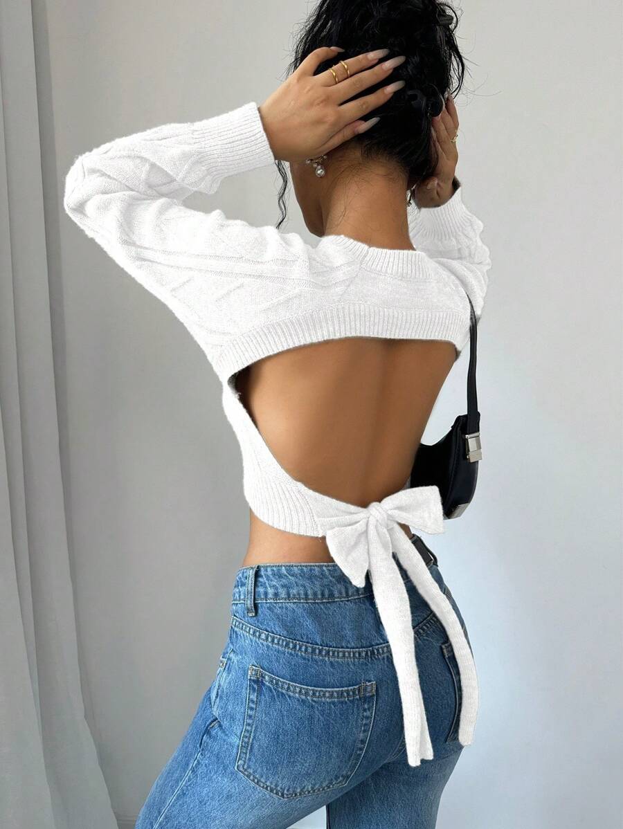 Chiquease French Fashionable Versatile Backless Tie-Front Long Sleeve Knitted Sweater Fall Winter - White - View 1