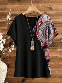 Lacomfia 2pcs/Set Women Plus Size Geometric Print V-Neck Short Sleeve Top And Pants Set