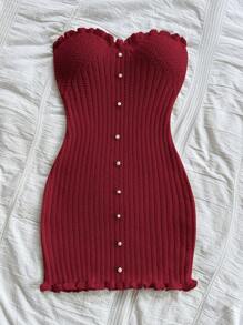 Soleia 性感舒适合身纽扣荷叶边下摆针织连衣裙 - 紅色 - 查看 3