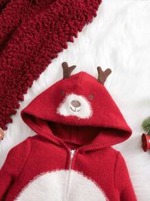 SHEIN Newborn Baby Girls' Christmas Colorblock Hooded Knit Romper For Autumn/Winter - Red - View 7