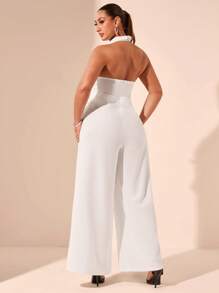 SHEIN BAE Plus Size Women White Elegant Jumpsuit Wide Leg Pants, Suitable For Valentine's Day, Summer, Birthday, Formal Occasions, Work, Party, Music Festival, High Waist, V-Neck - White - View 6
