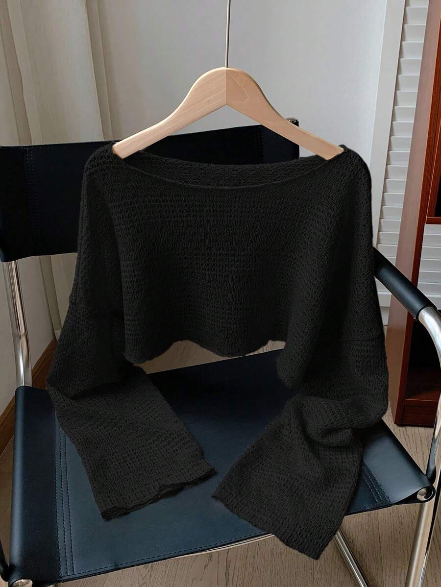 Comfortcana 大码女式纯色圆领蝙蝠袖上衣，秋冬 - 黑色 - 查看 1